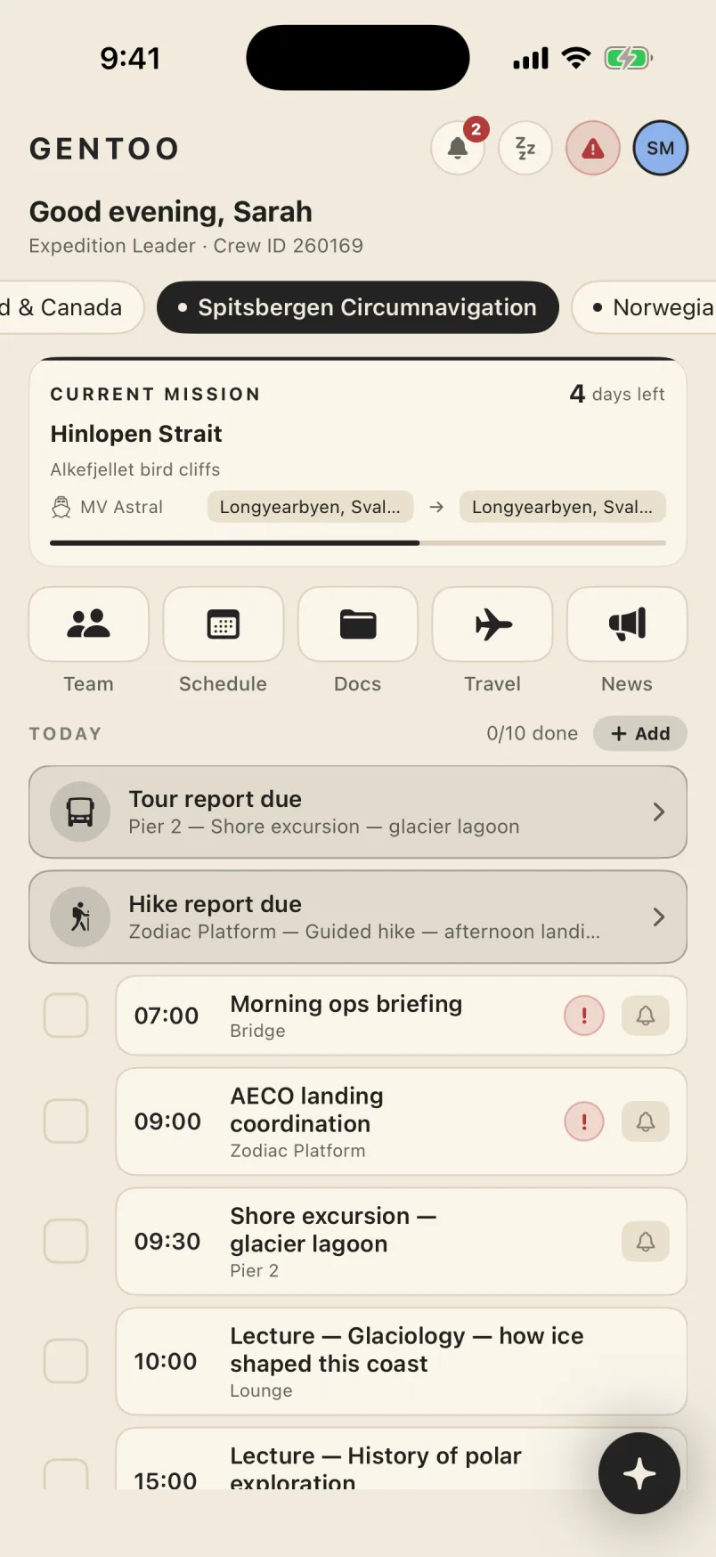 The crew app home screen: today's mission card for Hinlopen Strait, quick links to Team, Schedule, Docs, Travel and News, two reports due, and the day's timed duties.